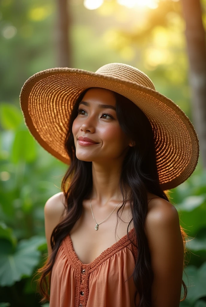 A woman holding a Costa Rican sabanero hat on her head, covering themselves from the sun