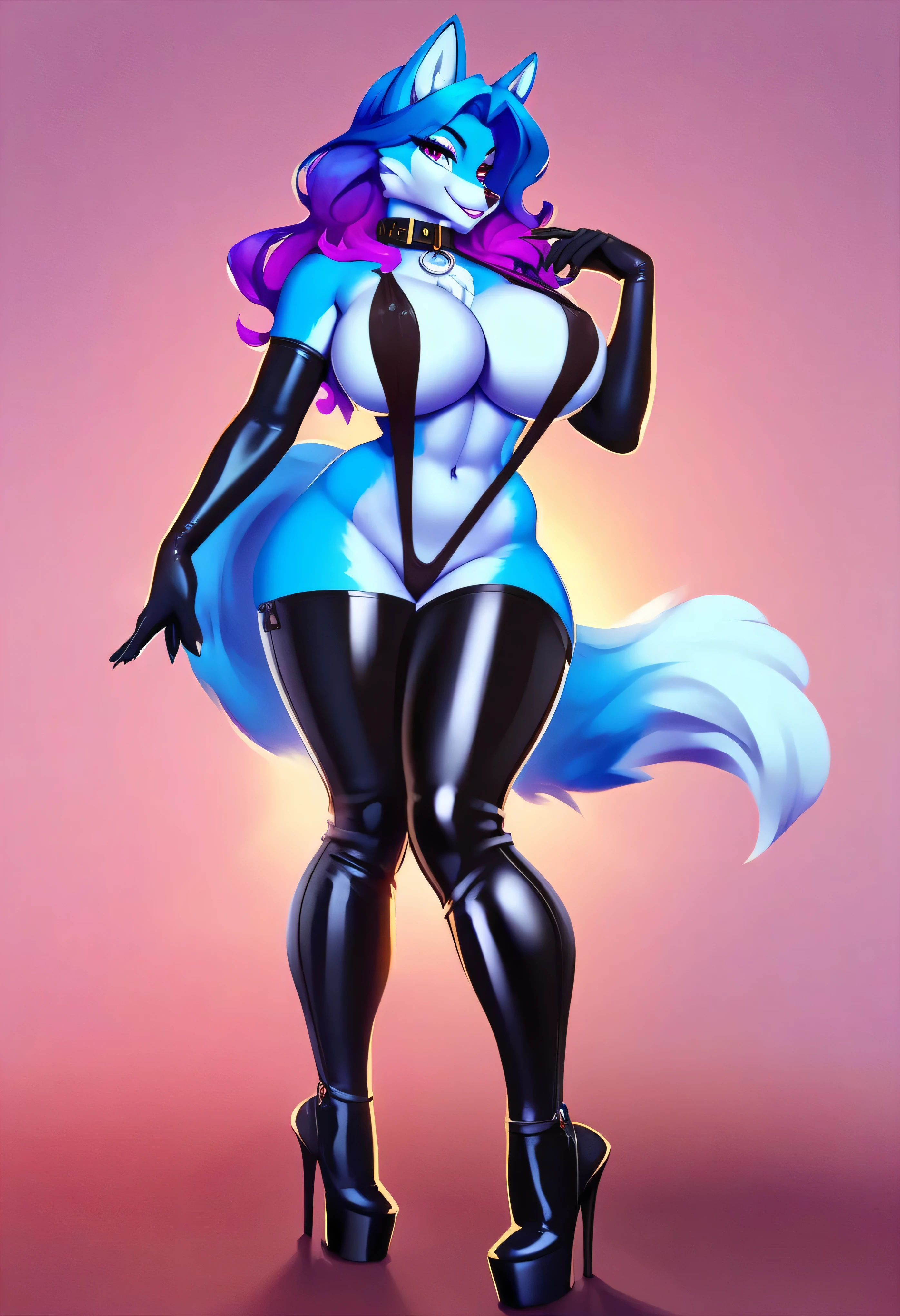 score_9, score_8_up, score_7_up, score_6_up, score_5_up, score_4_up, source_furry, e621, (by Liveforthefunk), Rangiku Matsumoto as a furry anthro fox milf, looking at viewer, seductive smile, beautiful detailed eyes, posing in a bedroom, (wearing a collar, latex sling microbikini, long latex gloves, high heeled thigh high boots), detailed fur, voluptuous, hourglass figure, large breasts, cinematic lighting, professional lighting