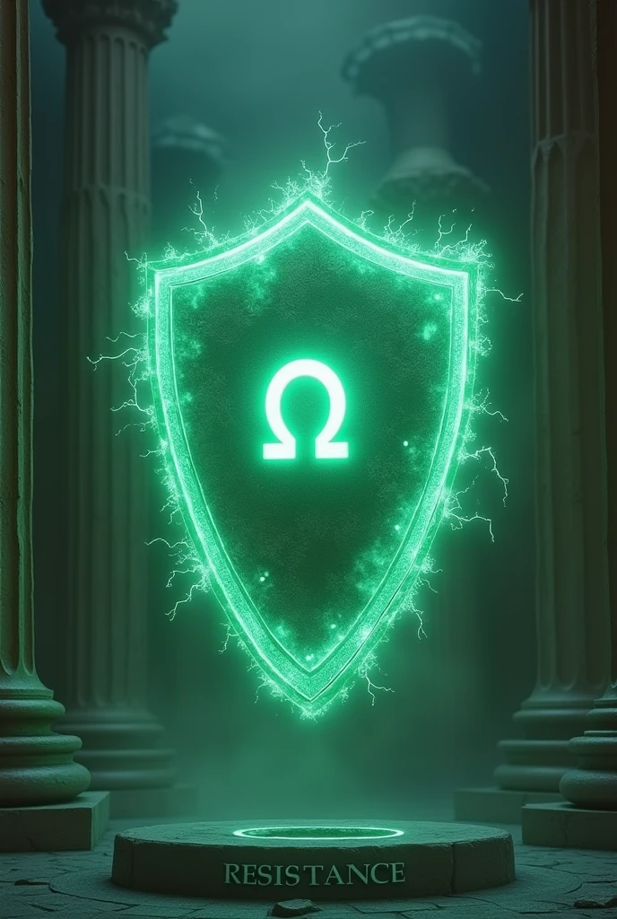 A shield that is not round. floating with the Omega symbol in the center, that emits a ghostly green electric light and says "Resistance" below the symbol and in the background the Greek phanteon