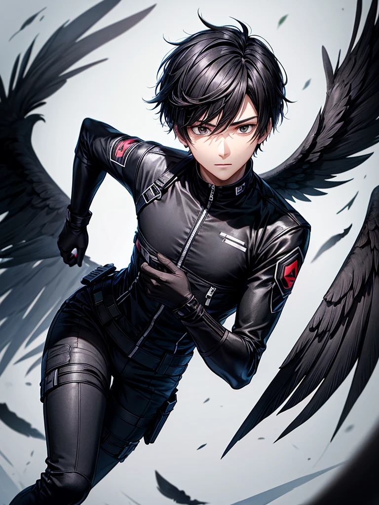 Short black hair boy wearing agent outfit have 2 black wings 1 black blade