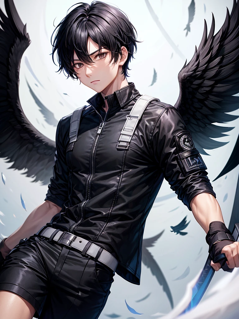 Short black hair boy wearing agent outfit have 2 black wings 1 black blade