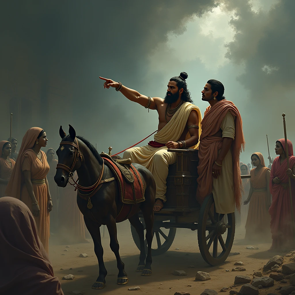 Depict Arjuna in his chariot, deeply distressed and pointing towards a battlefield where the traditional structures and family roles are breaking down. Surrounding him, illustrate spectral figures of women in traditional attire becoming corrupted and distorted, symbolizing the loss of moral integrity. The background should feature a chaotic battlefield, with shadows and dark, swirling mists representing the rise of adharma. Krishna stands beside Arjuna, his expression contemplative, as he listens to the grave concerns about the social and moral decline. The atmosphere should reflect a sense of impending crisis and moral upheaval.