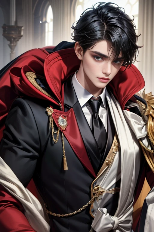 masterpiece, 最high quality, high quality, 1 boy, alone, Male focus, Upper Body,Watching the audience, Messy black hair, Adorable big blue eyes, White, Noble, Noble,A black and red cape that is bursting with sexy volume、Tuxedo、A very voluminous, large, very large, very large, long, long red and black cape with a high stand-up collar, made of a lot of fabric that reaches down to the floor., ,cute beautiful,Cute, cute, kind, handsome guy