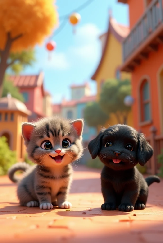 An animated kitten with 2 adorable black shih tzu puppies 3D Pixar Style