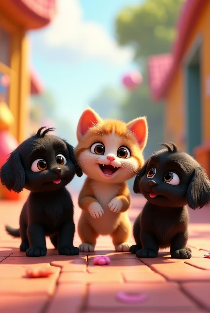 An animated kitten with 2 adorable black shih tzu puppies 3D Pixar Style
