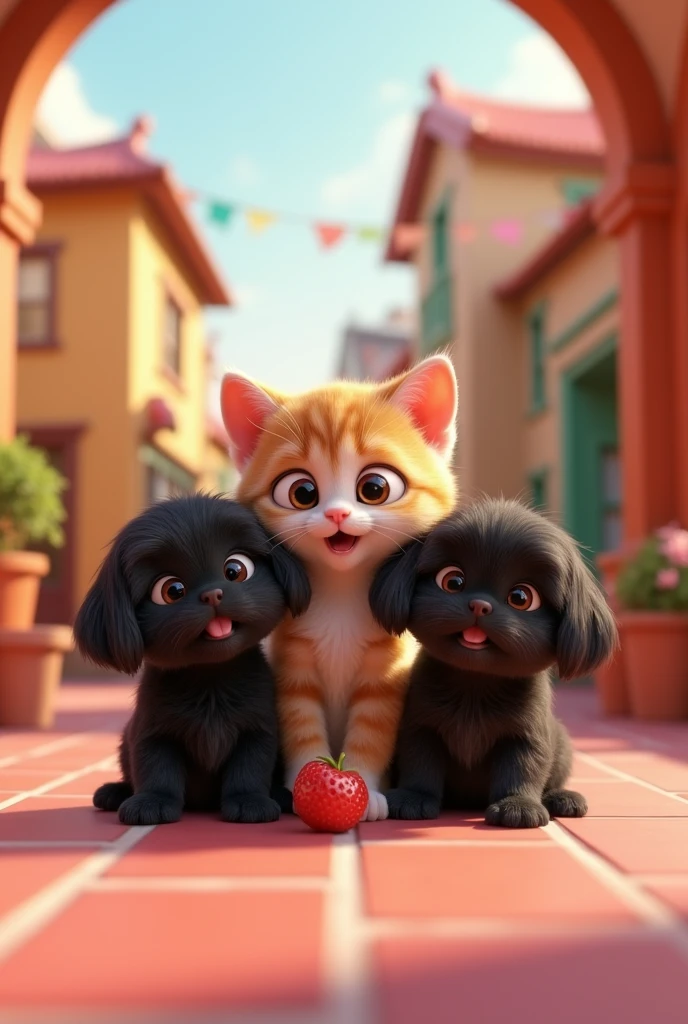 An animated kitten with 2 adorable black shih tzu puppies 3D Pixar Style