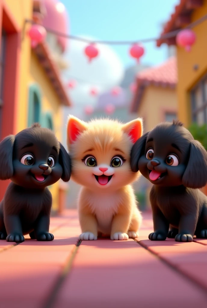 An animated kitten with 2 adorable black shih tzu puppies 3D Pixar Style