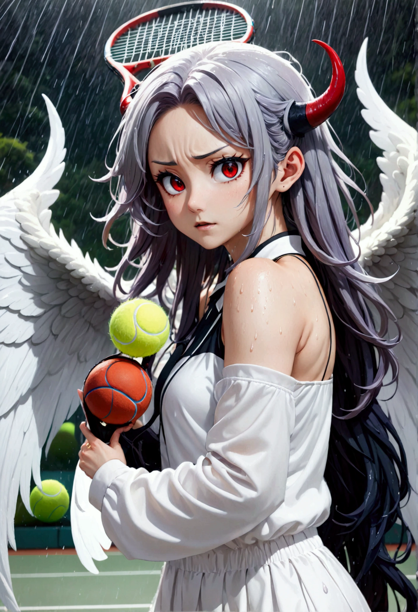 (8k, Highest quality, Manga style, View your viewers, Intricate details:1.3),(One person, Nakiri Ayame, 2Demon horns in the book, Multicolored Hair, Long Hair, Red eyes, Gray Hair), (Six alternating white angel wings and black devil wings:1.3), (Tennis Wear, tennis racket), (The moment the tennis ball is hit back, Sweating, Full body portrait, Being hit by rain, Soaking wet)