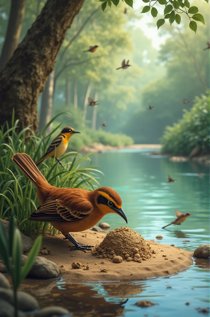 Create a brown bird that is the ovenbird making its little house of mud next to the river and that there are other birds around