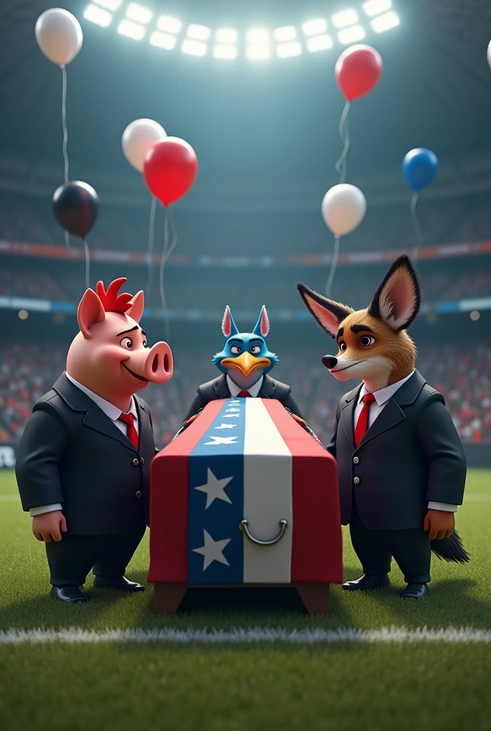 A muscular pig, puffed out chest, wearing a black suit, inside a soccer stadium, next to a muscular rooster bird, wearing a black suit, next to a blue male fox, with a muscular puffed out chest, wearing a black suit, next to a muscular vulture, with a puffed out chest, wearing a black suit, everyone is sad seeing a coffin with a flag over it in the colors blue, white, red, black balloons flying in the wind, stayle Disney 3d