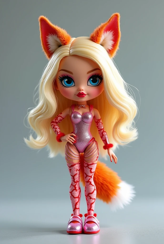 Make me a blue eyed bratz doll, Blonde and with a mole above her lip with a full-body fox drag look where her feet can be seen
