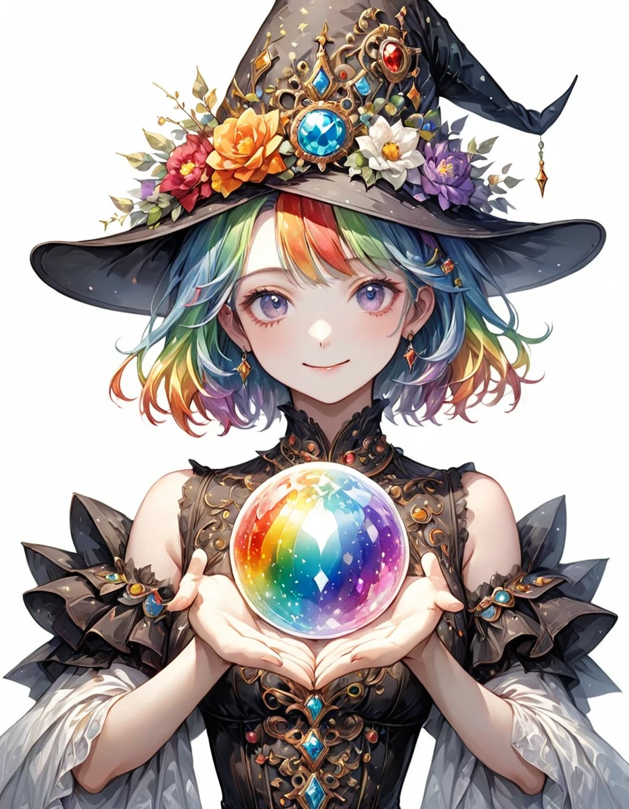 Highest quality、High resolution、(Beautiful face in every detail:1.4)、(Paint to fit on canvas:1.5)、Please draw the hand carefully、Delicate hands、Elaborate hands、Anatomically correct、(Normal number of fingers:1.2)、(Highly detailed face)、Detailed eyes、Teenage Beauty、Perfect body line、Stand in the center、so beautiful、 (((Blank Background:1.5, No background:1.5, Background white:1.5)))、1people々、(Upper Body:2.0)、woman、(smile:1.5)、Halloween、witch、The hat is very small、(Rainbow Hair:2.0)、(Medium Hair:2.0)、(witchの小さい帽子:1.5)、(The hat just has flowers on it:1.5)、Jeweled clothing、change the design of clothes、(Victorian dress:1.5)、(Change the pose:2.0)、Beautiful fingers、(There is a big jewel in the hat:1.5)、(I have a large crystal ball that I use for fortune telling...5)、Don'You're drawing too many fingers、Change how you hold the crystal ball、There is a crystal that encases it..、