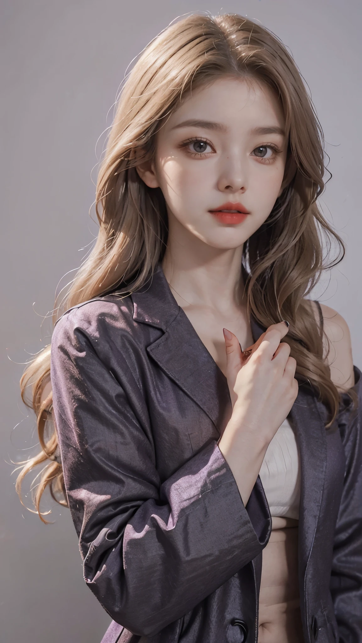 Girl wearing, luxury purple coat, shoulder length hair, wavy hair, glowing skin, star in eye, red lips, grey background, cute poses , upper body, light blonde hair.