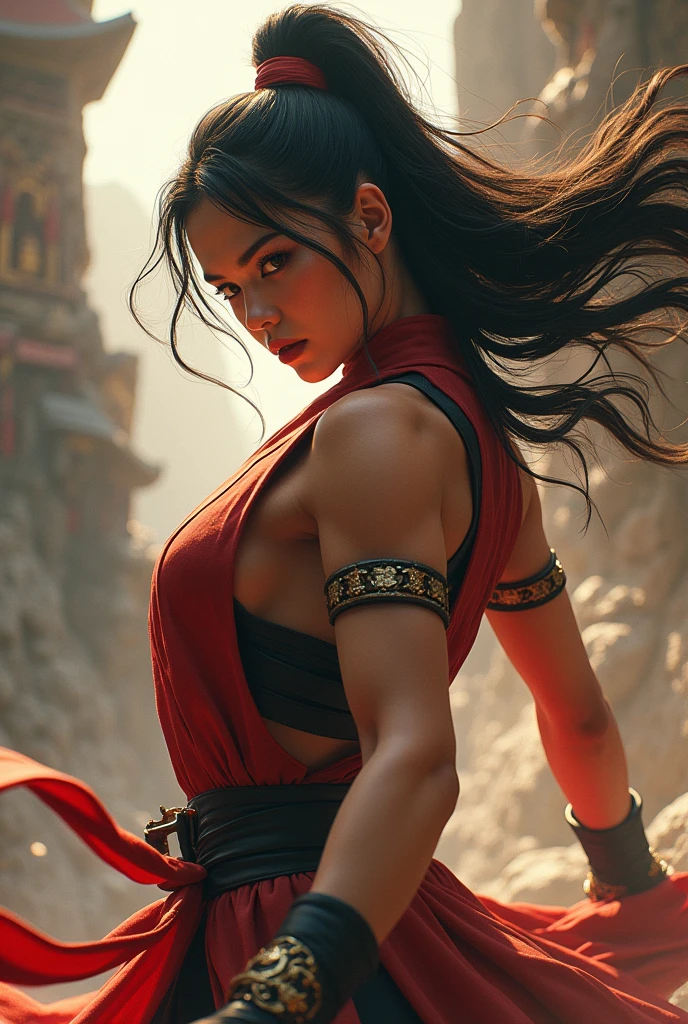 (RAW photo, best quality), (realistic, photo-realistic:1.3),best quality,highly detailed,masterpiece,ultra-detailed,illustration,chun_li of street_figther,upper_body,dynamic angle,world masterpiece theater,messy_long_hair,best quality,extremely detailed CG unity 8k wallpaper,ink,Amazing,cinematic lighting,lens_flare, dunhuang_style