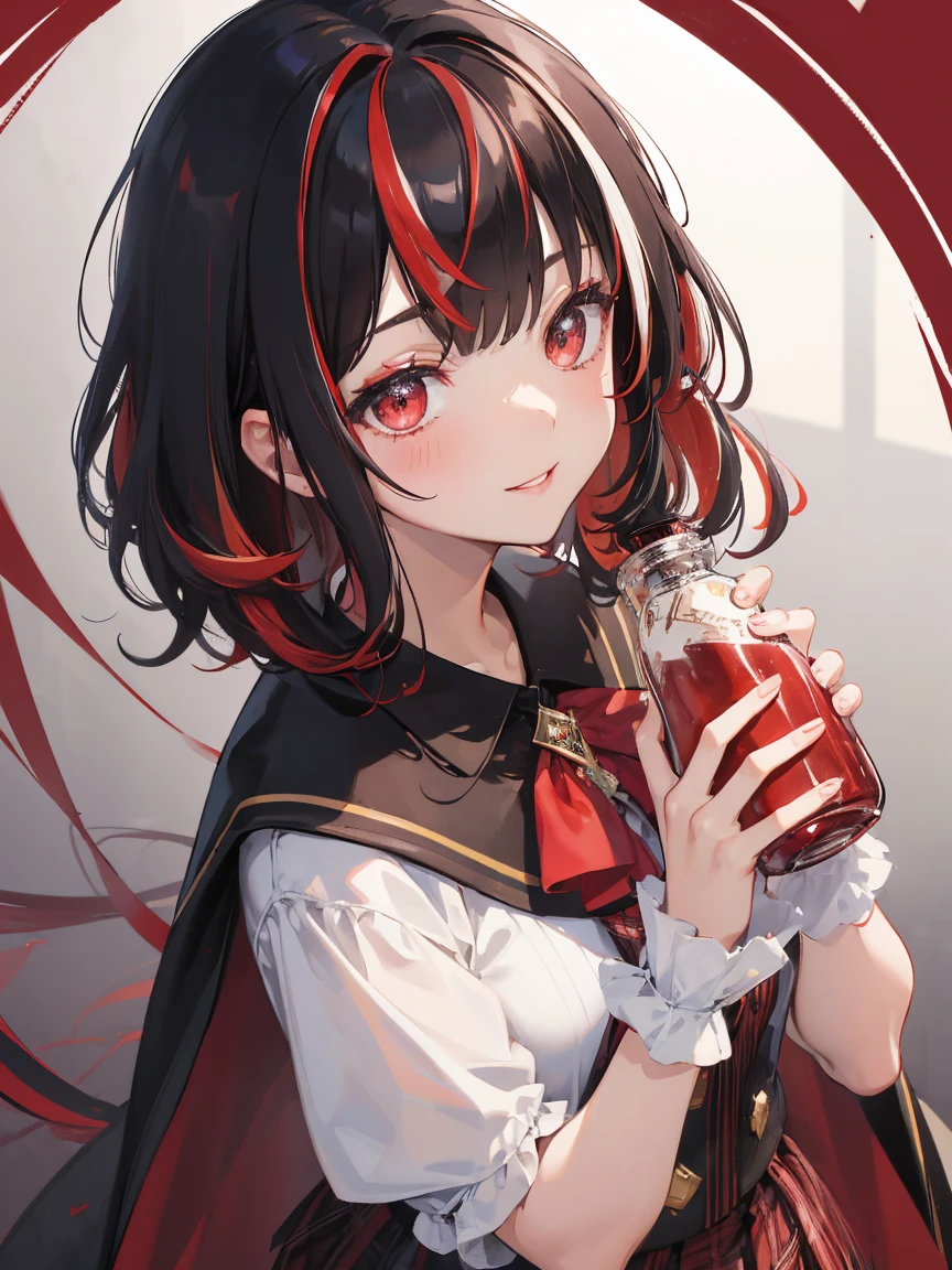 1female, magical school student, black short hair, (highlights hair:1.2),(rich red, streaked hair:1.5), long bangs, putting on magical cape, brown plaid pattern costume, short length skirt with panier, detailed face, big heart eyes, thin eyebrows, moist lips, kissing lips, smiling full of compassion, close up shot, heart shaped bottle, casting a fluide out of the heart shaped bottle, crowdy myst effect,