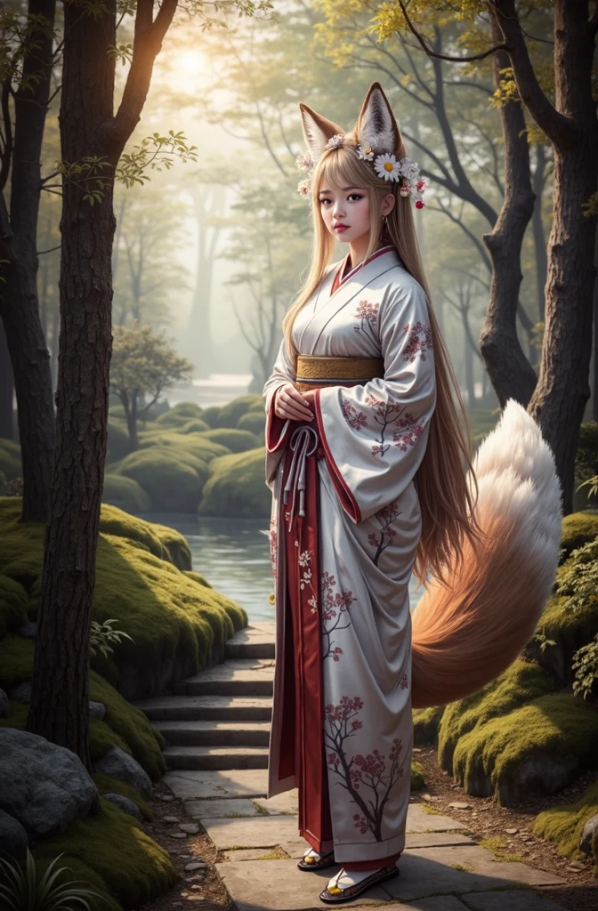 Masterpiece, Extremely detailed, best quality, photorealistic, magnificent, celestial, ethereal, epic, majestic, magical, fantasy art, cover art, dreamy, full body shot, BREAK, The Fox Godess, Beautiful, Clouds, Fox Tail, Traditional Japanese clothes, Forest,( bokeh )