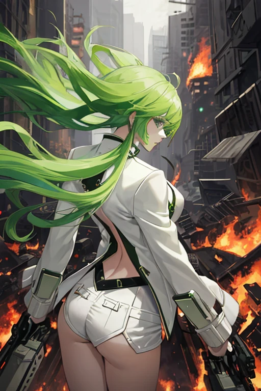 Woman, green hair, flowing hair, white open jacket, black mini hot pants, mechanical machine gun, back angle, beautiful buttocks, standing alone on the battlefield, burning city