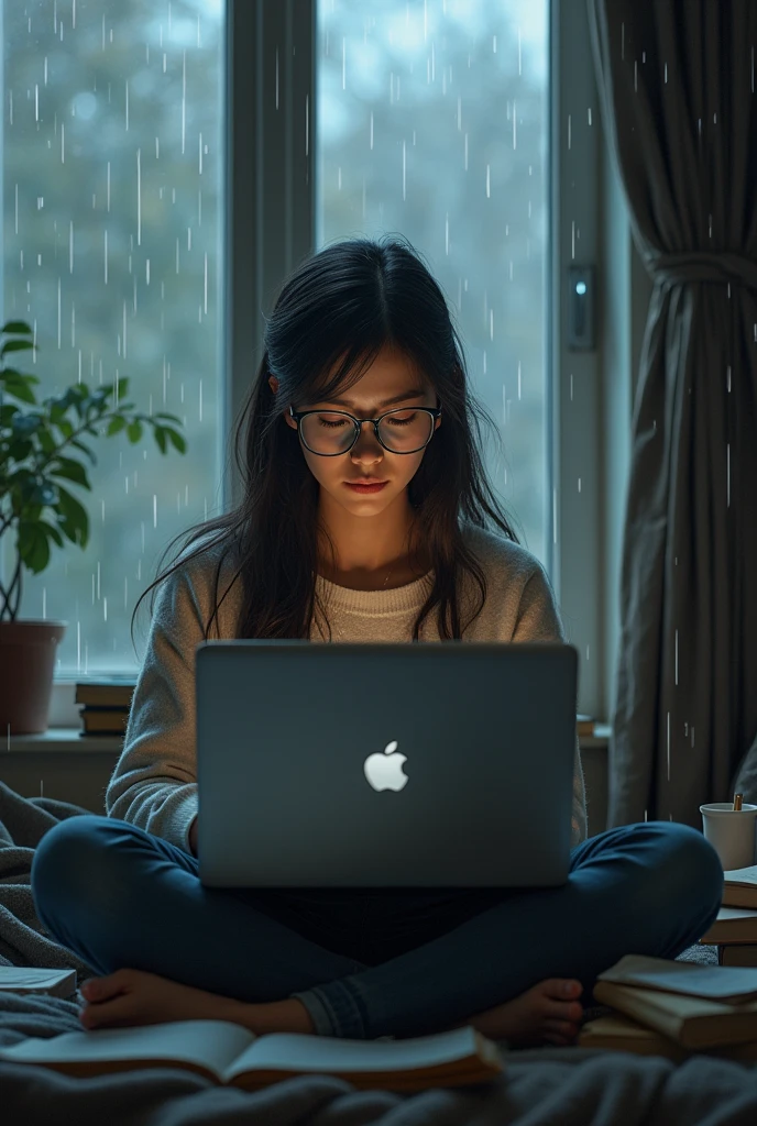 Girl is using laptop in raining