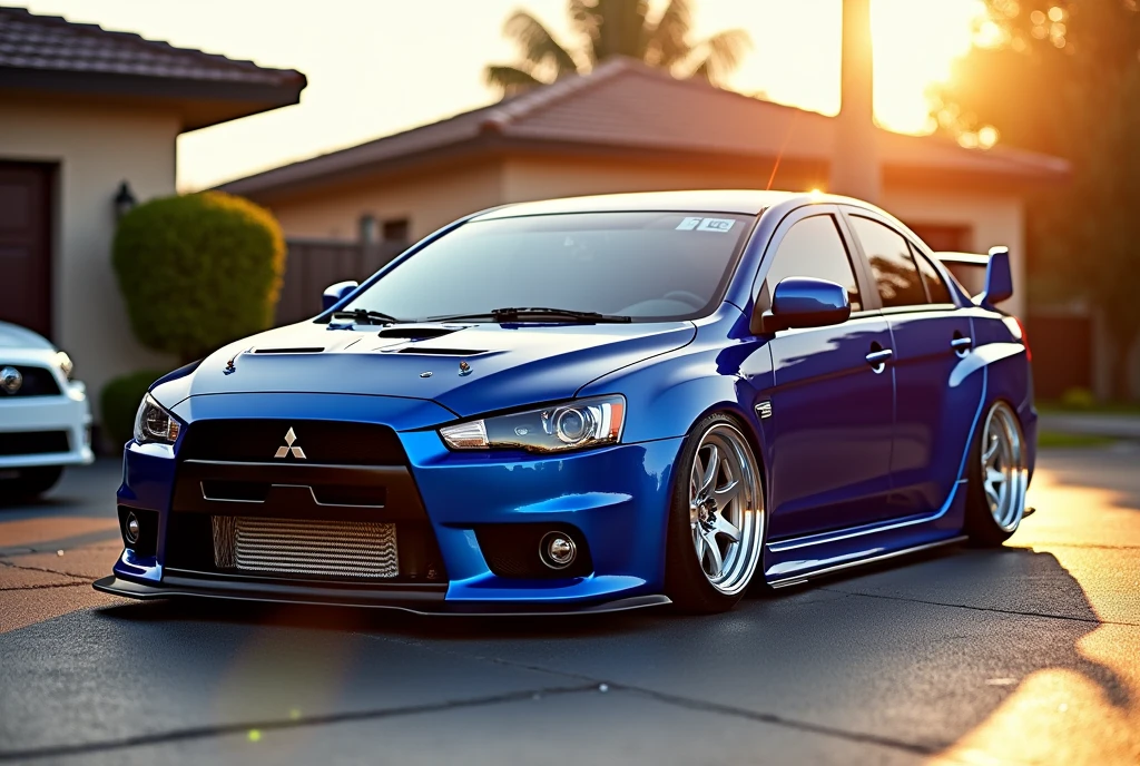 High-quality image of a stance-modified Mitsubishi Lancer Evolution X racing car build style, captured in a sun-kissed residential driveway setting during the golden hour, with a warm orange glow casting a long shadow behind the car. The car's striking glossy blue bodywork glimmers in the fading light, accentuating its aggressive lines and sleek curves. Aftermarket wheels with polished chrome lips and fat, low-profile tires fill the flared arches, while a carbon fiber front splitter and vented hood with exposed carbon fiber weave add to the car's racing-inspired aesthetic. The Mitsubishi logo is prominently displayed on the front grille, which features a gloss black finish. In the background, a white car is parked in an attached garage, blending into the clean and neatly maintained suburban setting, complete with a house featuring a sloped roof and lush greenery. The car's lowered stance, courtesy of its low air suspension, appears menacing, as if ready to pounce, with subtle hints of wet weather details like misted wheels and road grime adding texture to the scene.