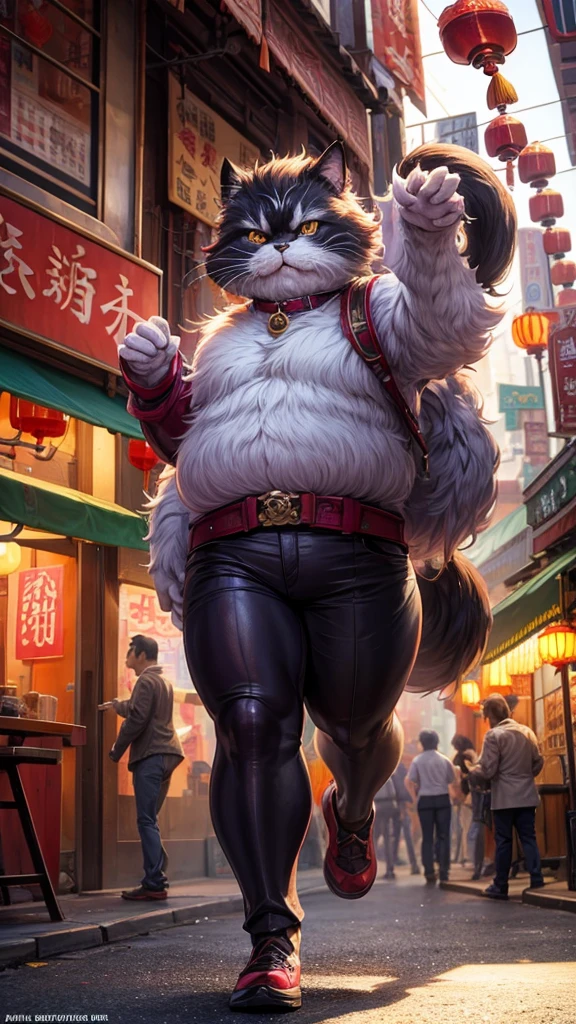 Fat Persian cat,China town, purple,red, high resolution images 4K,Ultra quality, shadow light