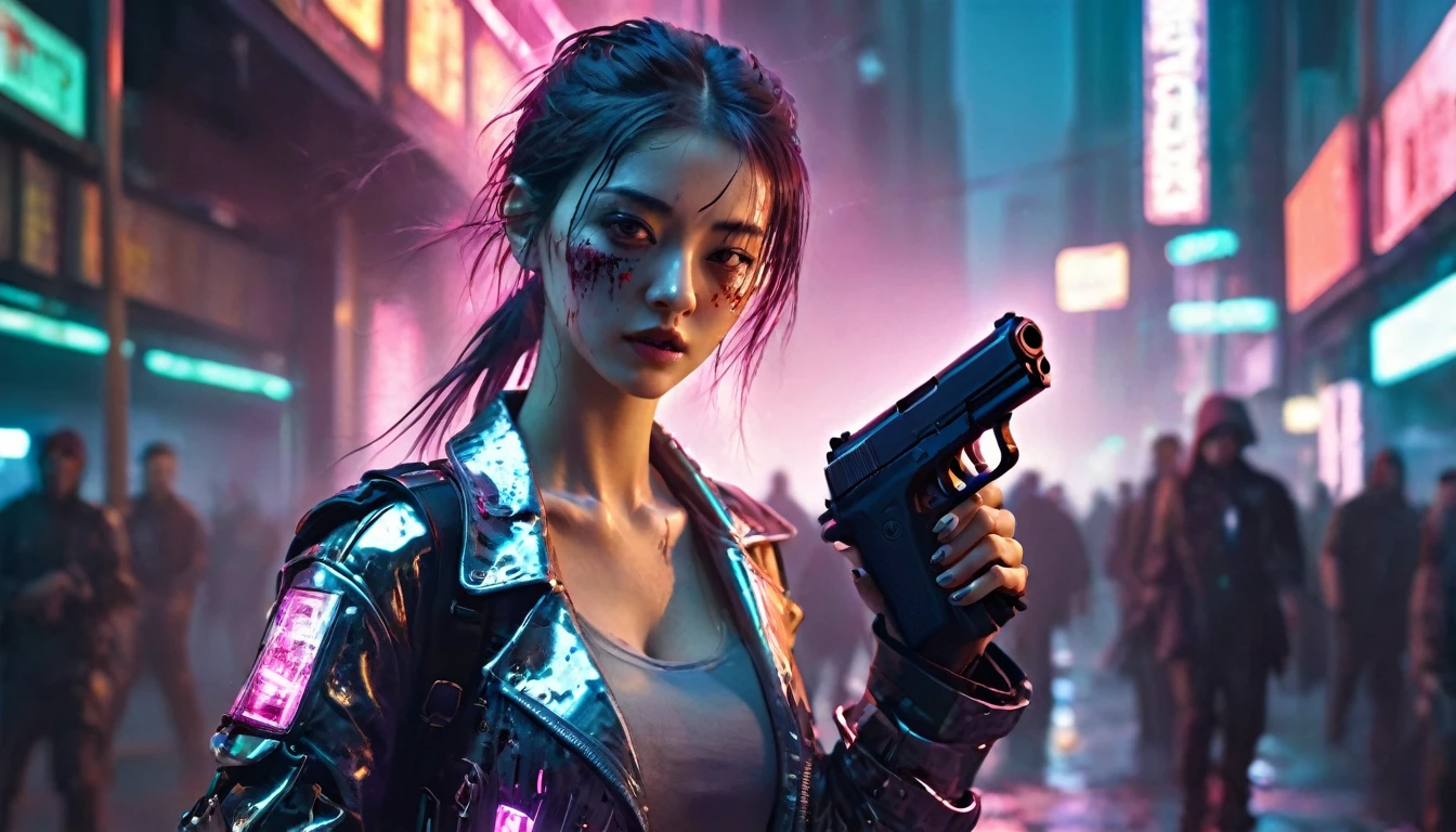 1 girl,beautiful,cyberpunk style,Bling Bling Bling Bling,motion blur,Hold the gun.,Zombies are all over the city.,Cinematic lighting effects