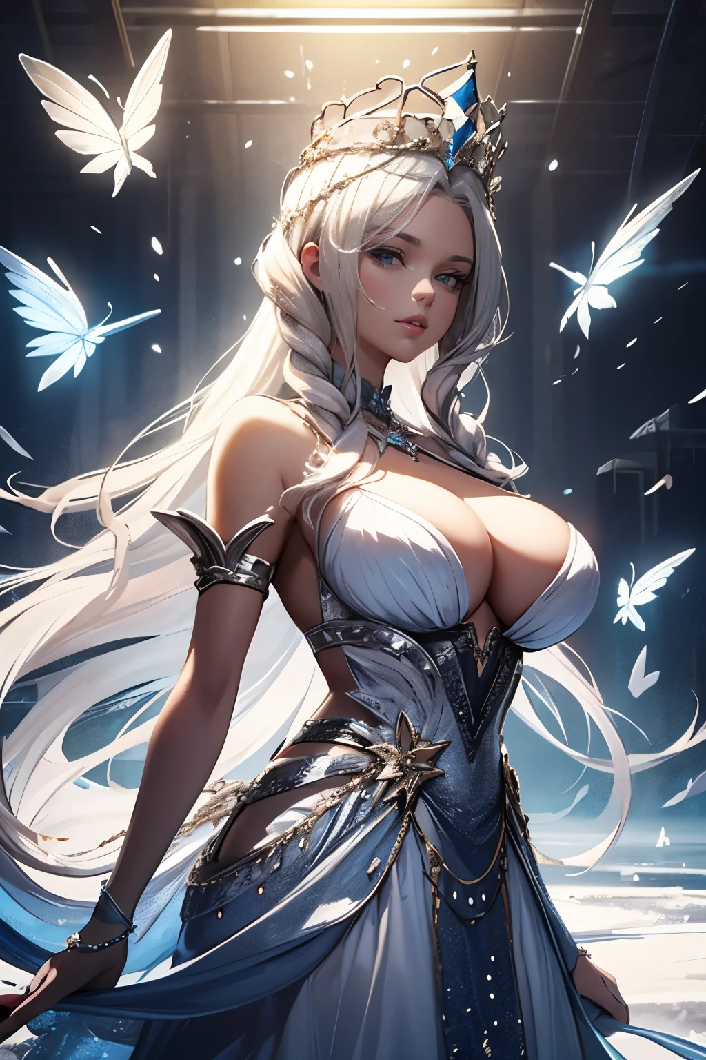 The Snow Queen, she wearing Long silver glittering dress , big breasts，The Ice crown On her head,Background is Ice snakes and Ice butterflies flying