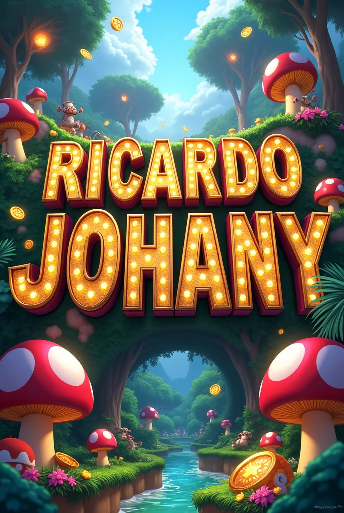 Create a Mario Bros image with the word in the center "R i c a r d o Johany" with gold capital letters with jewels