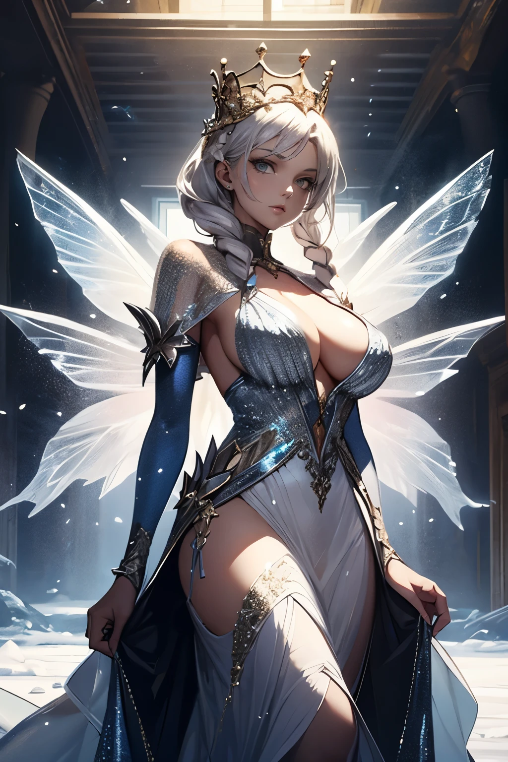 The Snow Queen, she wearing Long silver glittering dress , ，The Ice crown On her head,Background is Ice snakes and Ice butterfliesing