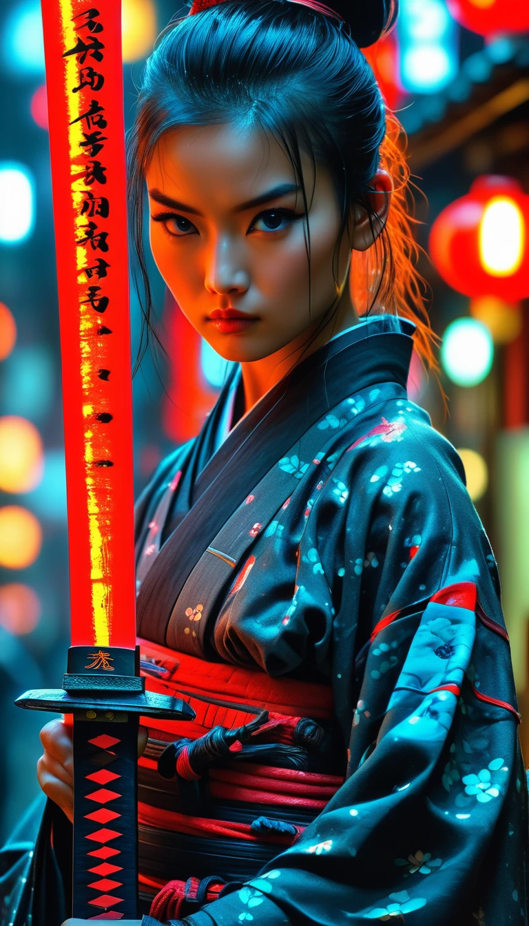 Samurai, 25yo woman, hyperrealism, very detailed skin, 4k,,, AshleyWoodArtAI,, katana profile picture, Organic Painting, night time, Matte Painting, bold shapes, hard edges, street art, trending on artstation, by Huang Guangjian and Gil Elvgren and Sachin Teng, Glow, katana