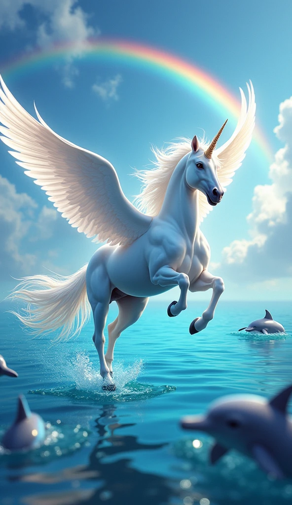A unicorn with wings flying over the sea with some dolphins and a very colorful background with a rainbow