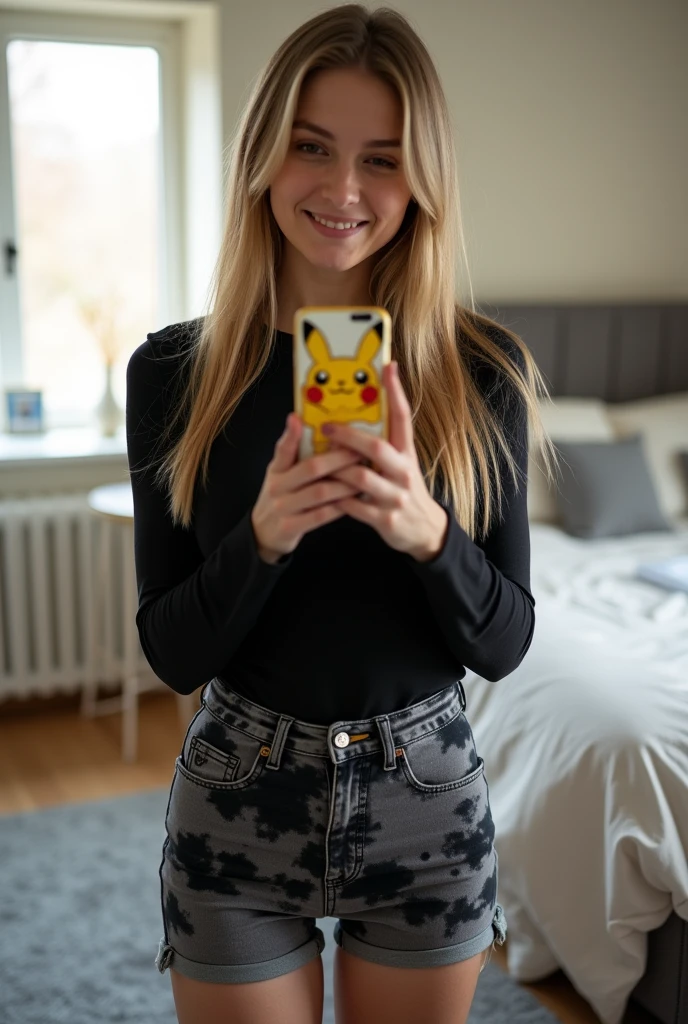 The image shows a young woman with long, straight blonde hair., standing in a room. She is taking a selfie with her mobile phone, which has a case decorated with Pikachu characters. Her hair falls over her shoulders and back., and she looks at the camera with a slight smile.
The woman is wearing a black long-sleeved T-shirt and short leggings. (licra) Dark grey skinny jeans with a black tie-dye design. The shorts are made of a material that appears to be ribbed or textured., and fit your figure. The room you are in has a bed with a light-colored coverlet and a window that lets in natural light., lighting the scene.
In the background, you can see a grey carpet, a radiator, and part of a piece of furniture, suggesting that the image was taken in a well-lit bedroom. The woman's expression is relaxed and confident..