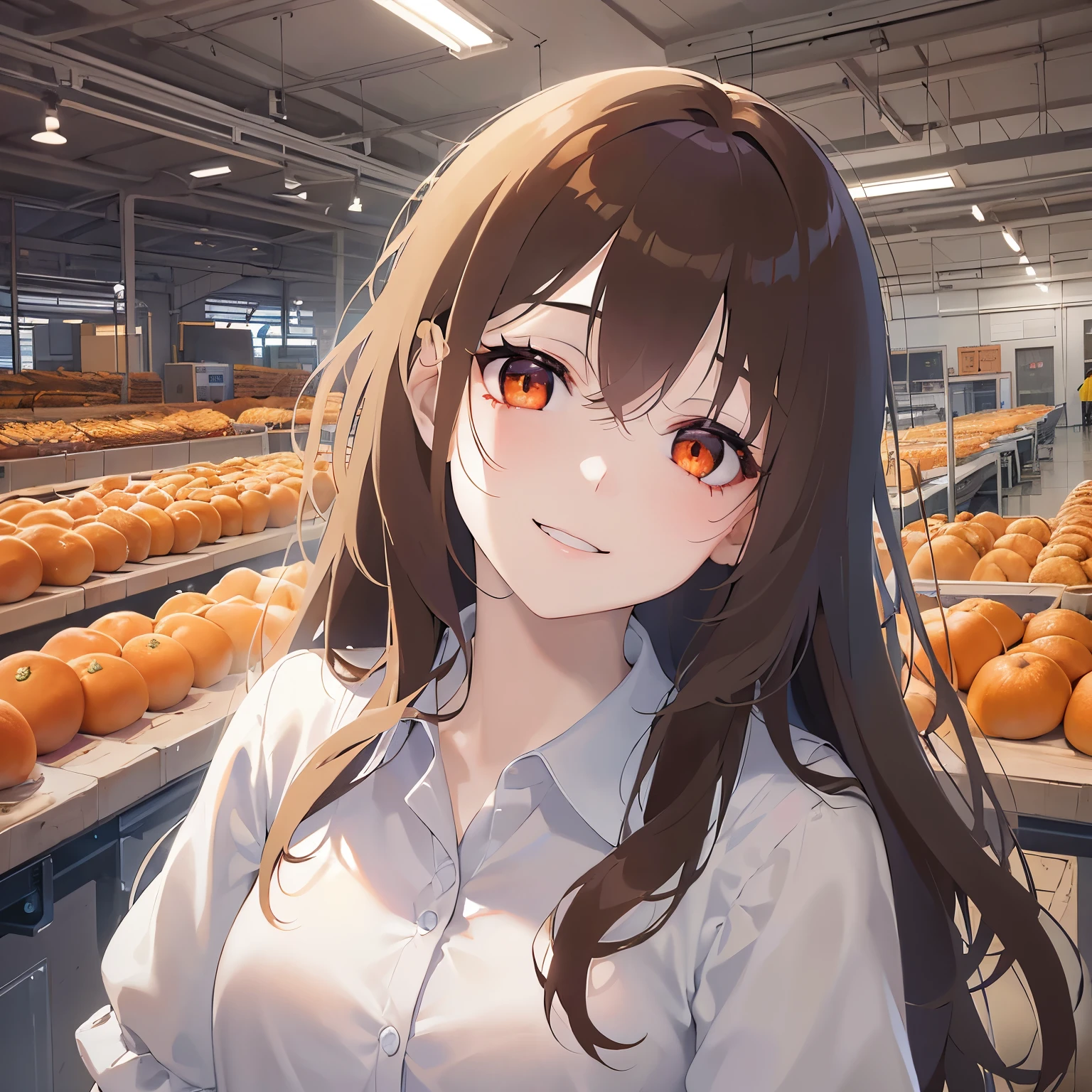 Upper Body, head tilt,
 Realistic, real person, (pale skin: 1.2), RAW photo, photorealistic, shiny skin, shiny hair、
(A 2 woman with medium-length hair and bangs) and (wavy hair) and (brown hair) and (orange eyes) ,
（white collared shirts）、
（smile：1.2）、
Assembly line、factory,（alone:1.5）