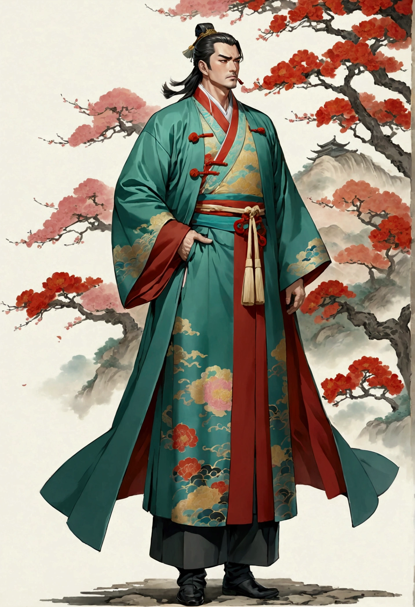 Three Kingdoms Jojo, Clothes made of a coat, leader, middle aged man, Full body exposed, Looking to the side, Don't turn your head, traditional chinese dress