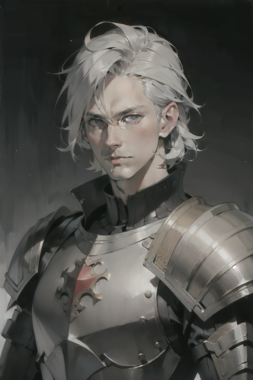 adult man, Shoulder-length gray hair, bristle, armor, shoulder length portrait