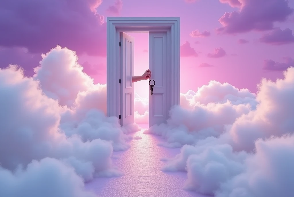 Surreal Scene, Door to another dimension, Hand holding a key, An endless sea of clouds, Purple Sky, The invisible road