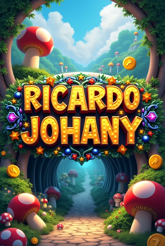 Create a Mario Bros image with the word in the center "R i c a r d o Johany" with gold capital letters with jewels 