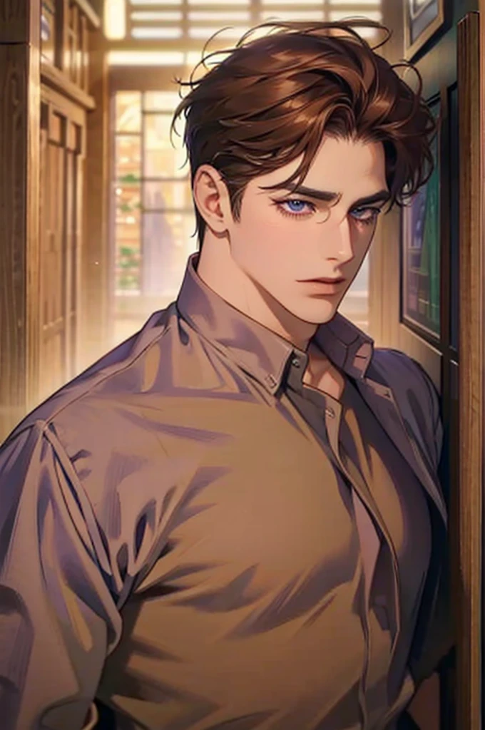 1 mature man of 40 years, Brown hair, Purples, (Perfect eyes), shirt, bad look, closed posture, perfect body