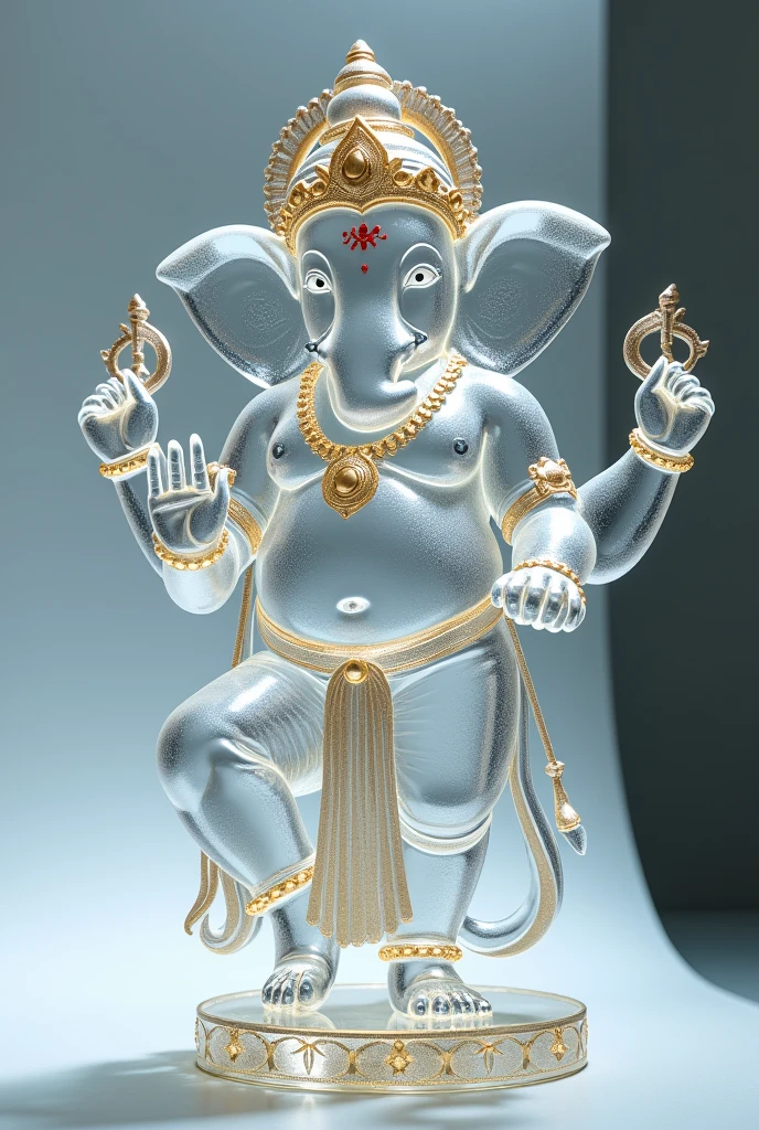 Very delicate full body image of Lord Ganesha made of glass, translucent, decorated with small gold and red colors. Beautiful and intricate details, shimmering light. Finest quality glass art.