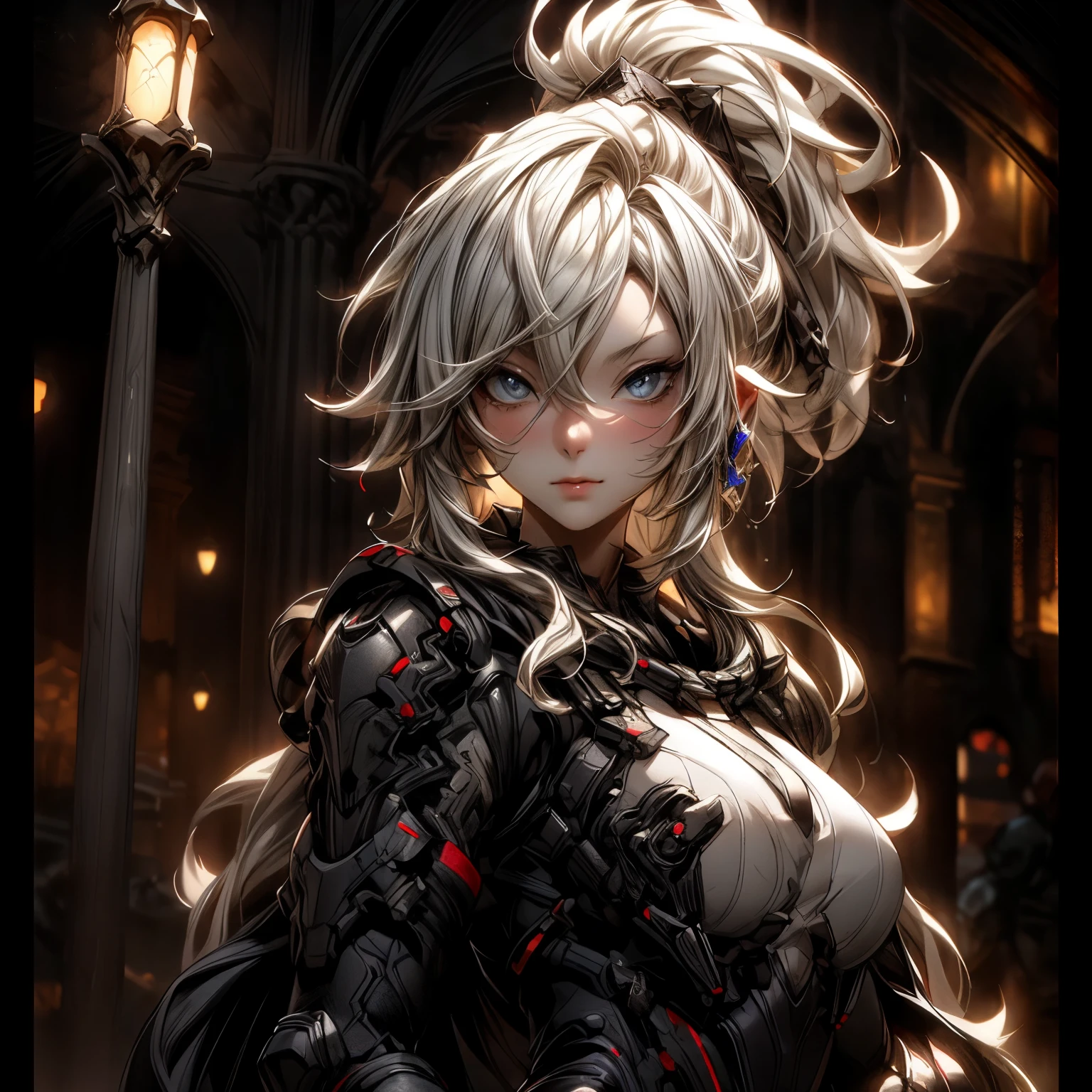 (best quality)), ((Masterpiece)), (details:1.4), 3d, HDR (high dynamic range), an image of a beautiful cyberpunk female, fantasy, Cyberpunk, Medieval, Blonde hair, Highi ponytail, Beautiful white eyes, จมูกโด่ง, ปากแดง, หน้าอกใหญ่, nvidia RTX, PBR surface, After processing, Anisotropic filtration,depth of field, Maximum clarity and clarity, multi-layered surface, Subsurface scattering, perfect proportions, 8K raw files, ultra detailed, Perfect proportions, volumetric lighting, soft lighting, Holy Paladin, Heavy Black Armor, glossy skin, intricate silver embroidery, chapel background, jewely, ต่างหู, นิ้วมือสมบูรณ์, นั่งบนโต๊ะ