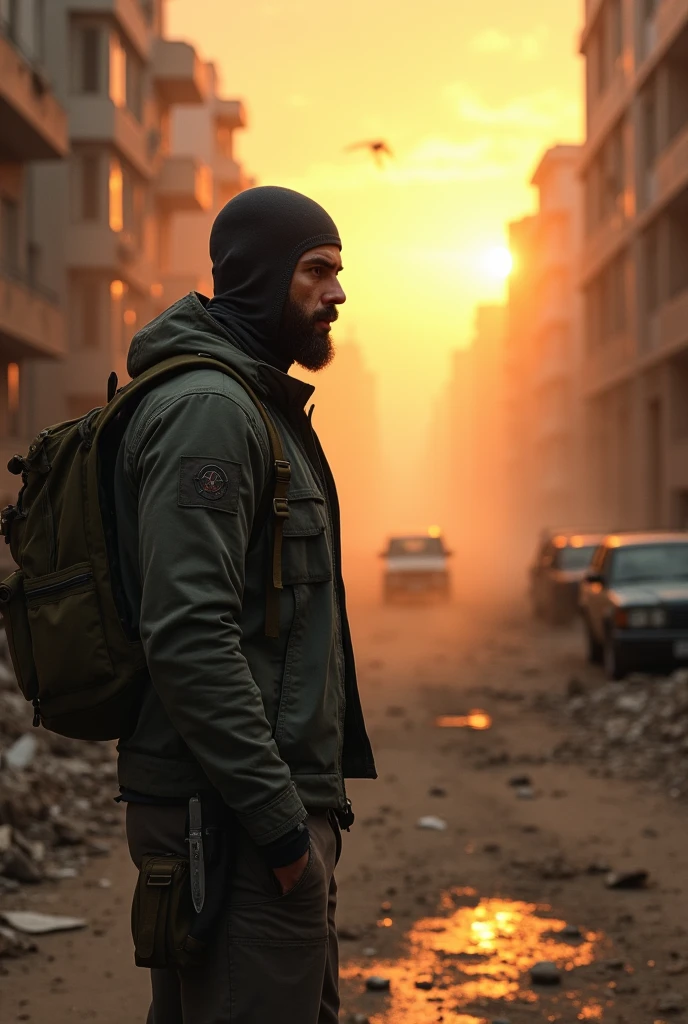 Post apocalyptic world, city in ruins, dirty and ruined streets, cinematic portrait, epic cinematography, gloomy atmosphere, sunset, a man sitting on the street watching the sky, 40 year old man, very short beard, determined face, size medium but muscular, bald, with a balaclava hat, jacket with hat and backpack, military boots, a knife on his waist, somber atmosphere, side camera, epic and dusty atmosphere