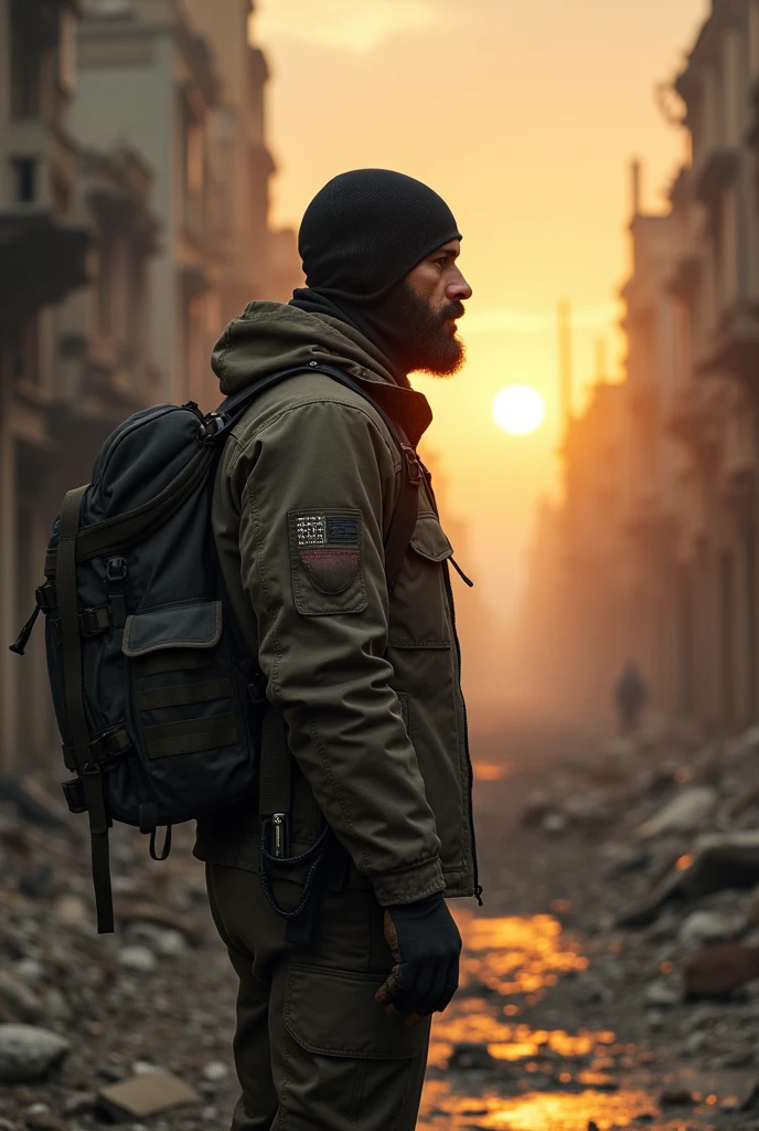 Post apocalyptic world, city in ruins, dirty and ruined streets, cinematic portrait, epic cinematography, gloomy atmosphere, sunset, a man sitting on the street watching the sky, 40 year old man, very short beard, determined face, size medium but muscular, bald, with a balaclava hat, jacket with hat and backpack, military boots, a knife on his waist, somber atmosphere, side camera, epic and dusty atmosphere