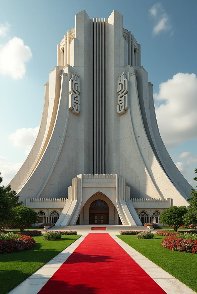 A luxurious multi trillion dollar company headquarters with the words NEXUS GLOBAL HEADQUARTERS on the building concrete the building has Nigerian architecture and the compound sorounded with flowers,grass and other nature with red carpets I want it to be on it's own and the words I want a full view