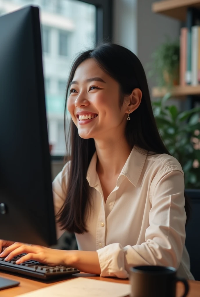 Asian woman happily doing web design on a computer