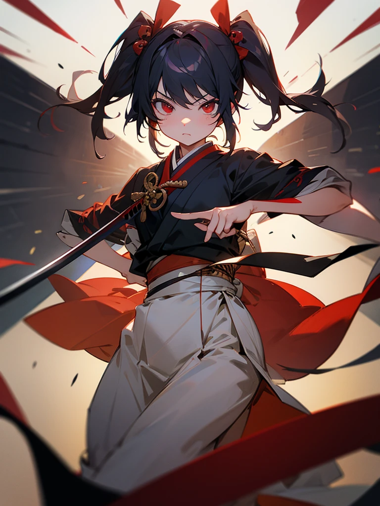 history、Twin tails, masterpiece, chest, Red eyes, Japanese sword、Two-Way