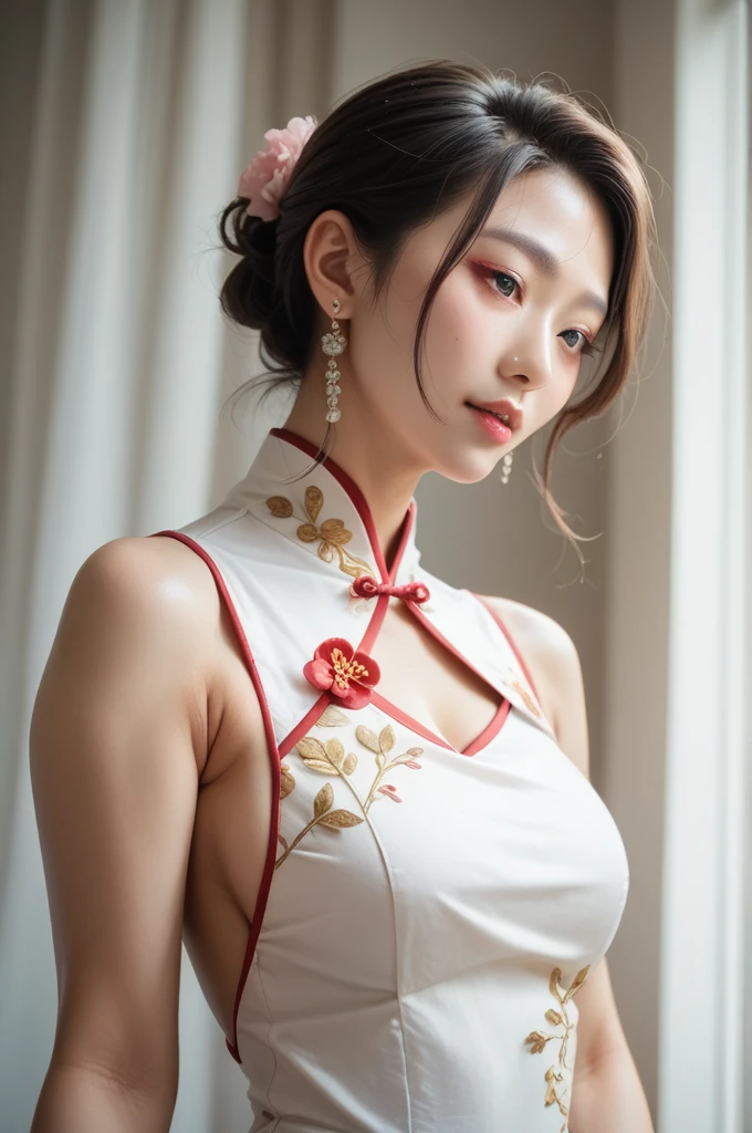 japanese adult woman, portrait photography, elegant white sleeveless cheongsam dress