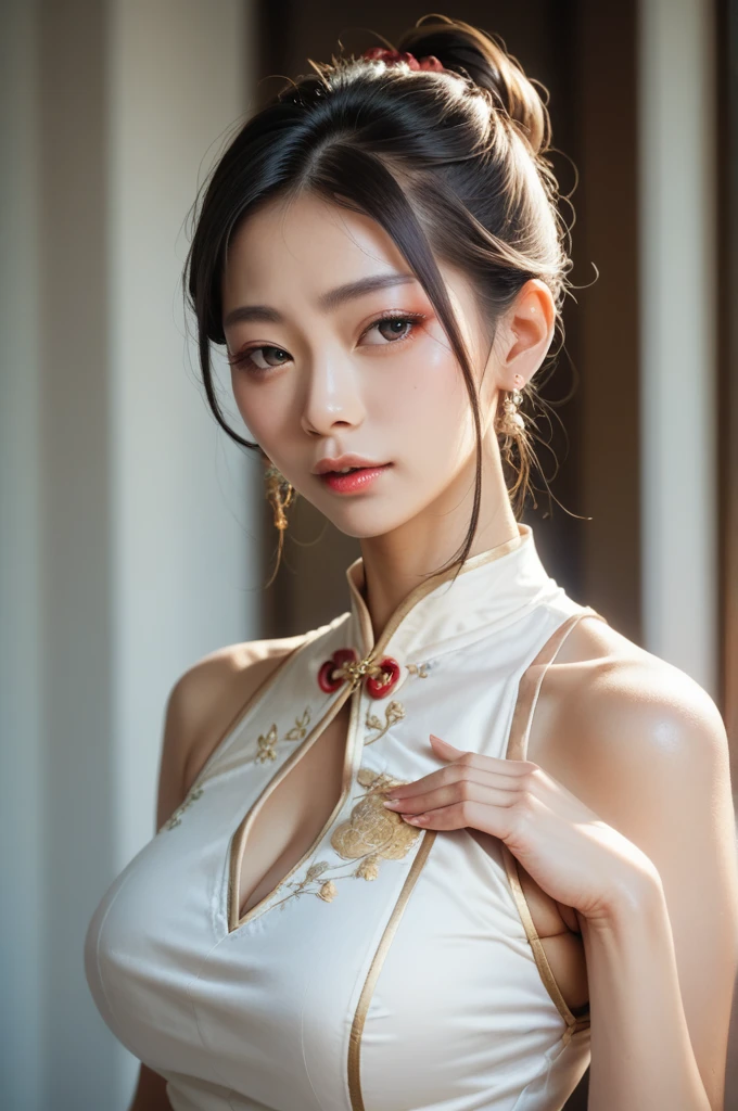 japanese adult woman, portrait photography, elegant white sleeveless cheongsam dress