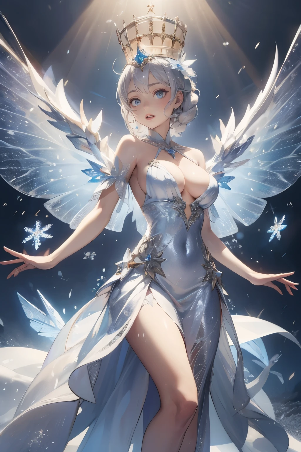 The Snow Queen, she wearing Long silver glittering dress , big breasts,The Ice crown On her head,Background is Ice snakes and Ice butterflies flying