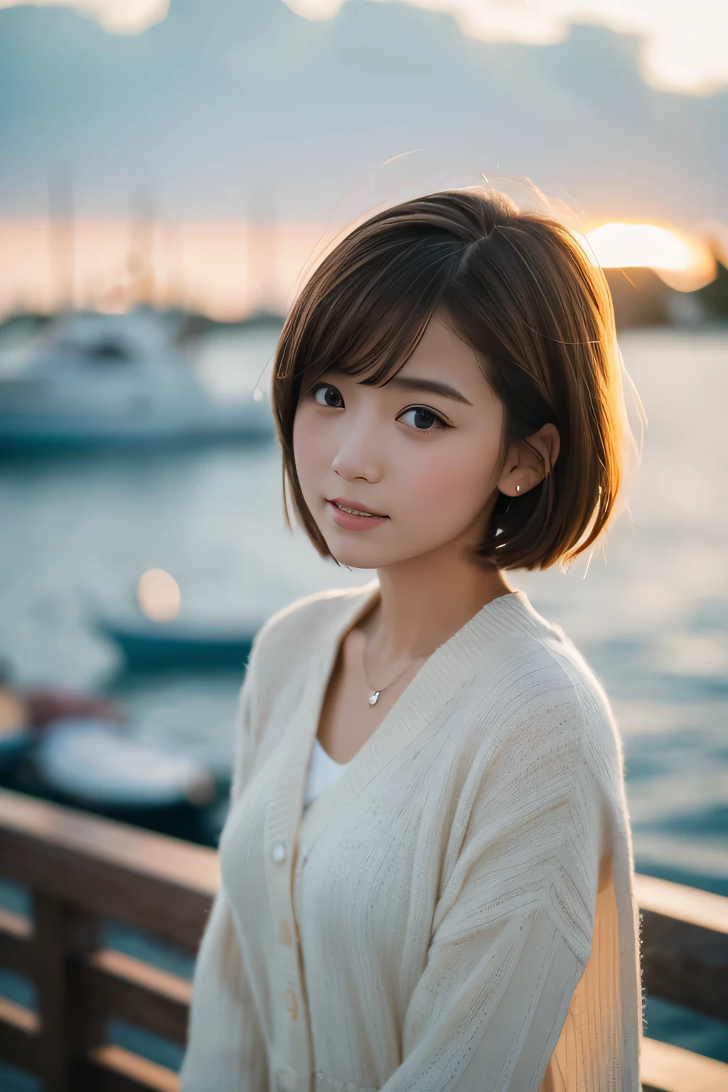 masterpiece, Highest quality, 8k, 1 girl, Yacht harbor at sunset, 18, Medium chest, Open your mouth a little, cute, alone, sad, Clothes that look good in autumn, cute, Girlish, Delicate girl, Pure beauty, RAW Photos, Professional photography, Portraiture, Soft Light, Professional Lighting, Backlight, Upper Body, Seeing the viewer, Sophisticated, Film Grain, (Eye and facial details:1.0), Short hair swaying in the wind, Beautiful flowing brown hair,
information