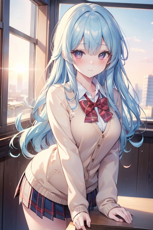 ((masterpiece, best quality, highres, UHD, perfect pixel, depth of field, 4k, RTX, HDR)), 1girl, single, solo, 1, beautiful anime girl, beautiful artstyle, anime character, ((long hair, bangs, light blue hair, curly hair)), (red eyes:1.4, rounded eyes, beautiful eyelashes, realistic eyes), (detailed face, blushing:1.2), (smooth texture:0.55, realistic texture:0.65, photorealistic:1.2, cinematic, anime CG style), medium breasts, perfect body, busty, (POV, close up), ((school uniform, cardigan, sweater, jacket, red bowtie, plaid skirt)), (indoor, beside the window), ((side light, natural light, sunrise)), sly smile, leaning forward, looking at viewer