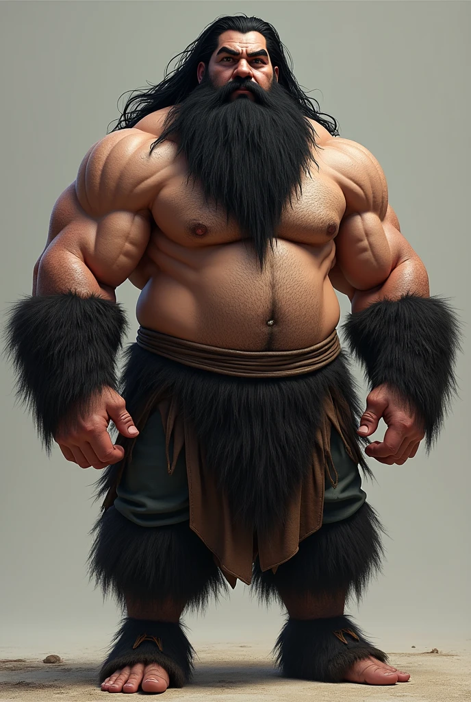 Man, chub, thick eyebrow, thick arm, long thick hair, long thick beard, hairy chest, hairy arm, white skin, black hair, loose clothing 